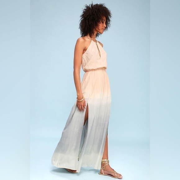 Lulus Size M Sweet Sunset Ombre Dip Dyed Halter Maxi Dress Blue Blush Cream - Picture 4 of 15